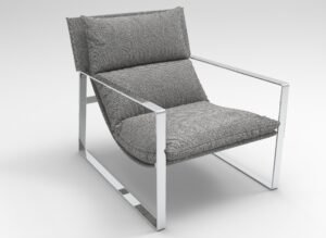 Gri dokulu kumaş ve metal gövdeli koltuk 3D renderı